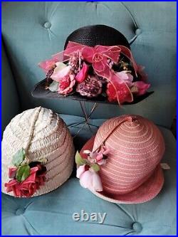 3 Vintage Ladies Woven Hats w Flowers Bensam Adolfo Chez