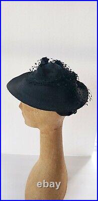 30s Black Straw Cocktail Hat Lattice Rear Dotted Veil Netting New York Creation