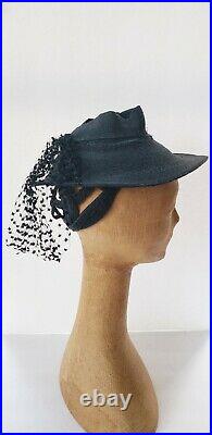 30s Black Straw Cocktail Hat Lattice Rear Dotted Veil Netting New York Creation