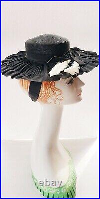 30s Wide Brim Cocktail Hat Black Pleated Rayon Straw White Feathers Eliza Derby