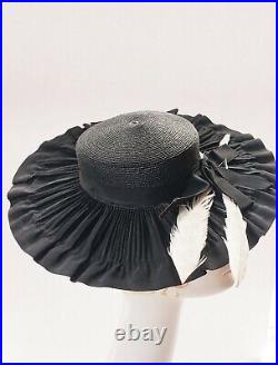 30s Wide Brim Cocktail Hat Black Pleated Rayon Straw White Feathers Eliza Derby