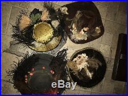 4 Antique Victorian Hat Edwardian Black Silk Velvet Ostrich Feathers