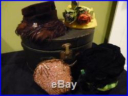 4-Vintage Women Hat Box Black Train Case Luggage Lot Beaded Cap Feather 1930's