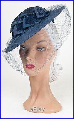 40s'Allen's' Original Blue Felt Hat with Leaf Design and Full Face Veil
