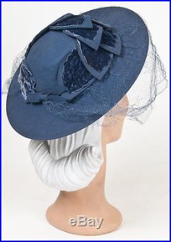 40s'Allen's' Original Blue Felt Hat with Leaf Design and Full Face Veil