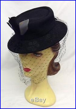 40s Dramatic Original Black Hat with Unique Face Veil and Coloured Feathers
