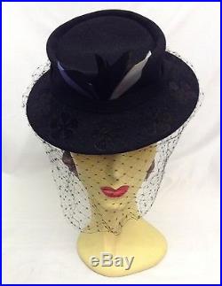 40s Dramatic Original Black Hat with Unique Face Veil and Coloured Feathers