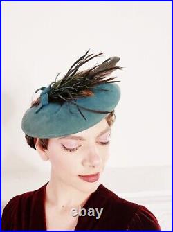 40s Green Blue Aqua Suede Beret Hat Brown Feathers Robin Hood New York Creation