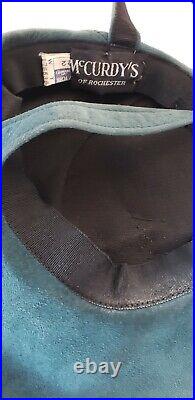 40s Green Blue Aqua Suede Beret Hat Brown Feathers Robin Hood New York Creation