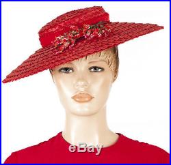 40s Lipstick Red Wide Brim Straw Hat with Floral Decoration and Velvet Band