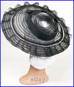 40s Original Large Wide Wavy Brimmed Fine Woven Black Hat with Opencrown
