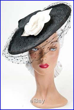 40s Original Wide Brim Black Woven Straw Hat with Face Veil & Floral Decoration
