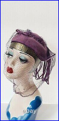 40s Purple Wool Hat Dutch Girl Cap Spaghetti Loops Modernist Veil Netting OOAK