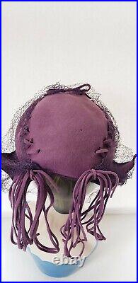 40s Purple Wool Hat Dutch Girl Cap Spaghetti Loops Modernist Veil Netting OOAK