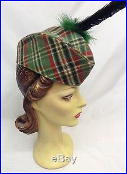 40s Quirky Green Tartan Military Style Hat, Oversized Sweeping Feather Feature