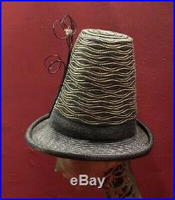 40s Style High Crown Straw Raffia Tilt Vintage Italy Black Gold Hat