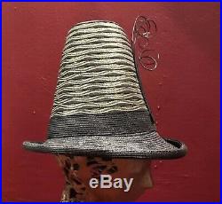 40s Style High Crown Straw Raffia Tilt Vintage Italy Black Gold Hat