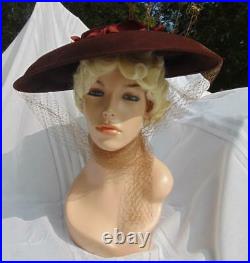 4os Claire Joyce Custom Made Brown Fur Felt Platter Hat Long Veil To Tie 22 1/4