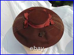4os Claire Joyce Custom Made Brown Fur Felt Platter Hat Long Veil To Tie 22 1/4