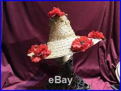 50s 40s Straw Vintage Italy Hat Beach Pinup Flowers Raffia