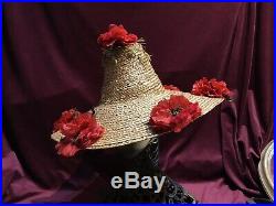 50s 40s Straw Vintage Italy Hat Beach Pinup Flowers Raffia