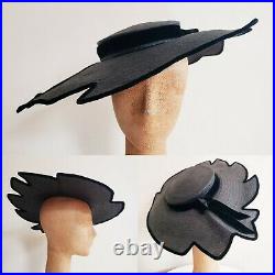 50s Designer Hat Black Straw Velvet Platter Saucer Tilt New Look Halina Kirn