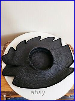 50s Designer Hat Black Straw Velvet Platter Saucer Tilt New Look Halina Kirn