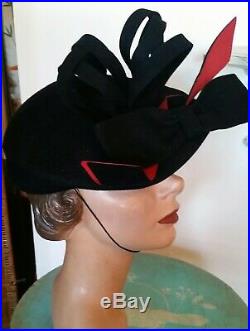 50s Schiaparelli Blk Hat All Felt! Cluster of Loops, Lge Red Bow! Very Chic