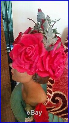 50s Schiaparelli Womens Fab Rose Blossom Hat Rare Unique Design Silk & Velvet