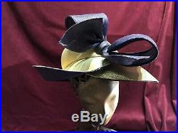 60s 70s 80s Vintage Raffia Hat Mustard Gold Black Church Bow ADOLFO