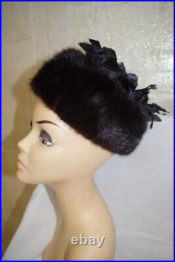 60s Vintage SCHIAPARELLI Paris Mink Fur Black Hat Taffeta Petal Abraham & Straus