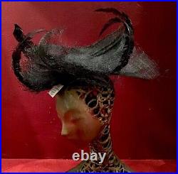 70s 80s Black Fascinator feathers Straw Made England disco Hat Tilt 40s Vintage