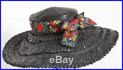 70s Yves Saint Laurent Rive Gauche Wide Brim Straw Hat Floral Embroidery Sz 57