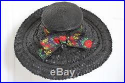 70s Yves Saint Laurent Rive Gauche Wide Brim Straw Hat Floral Embroidery Sz 57
