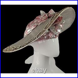 80s George Zamau'l Couture Hat Handmade Pink Silver Metallic Rhinestones