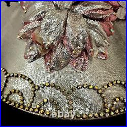 80s George Zamau'l Couture Hat Handmade Pink Silver Metallic Rhinestones