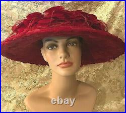 ALBRIZIO Vintage Absolutely Amazing Red Feather Cartwheel Hat. Extraordinary One