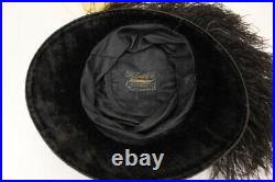 ANTIQUE 1910 Black Velvet & Feather Lady HAT Sibley Lindsay & Curr, Paris S/M