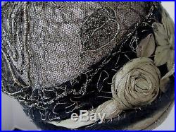ANTIQUE 1920's FRENCH CLOCHE FLAPPER HAT ROSES NET METALLIC LANGLEYS HOLLYWOOD
