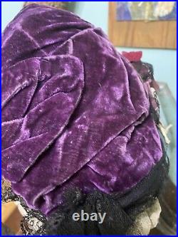 ANTIQUE Civil War BONNET Purple VELVET Black Chantilly Lace Millenary Flowers
