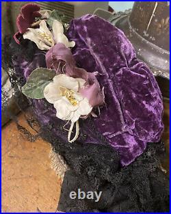 ANTIQUE Civil War BONNET Purple VELVET Black Chantilly Lace Millenary Flowers