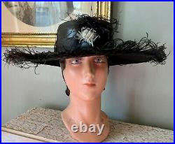 ANTIQUE EDWARDIAN BLACK STRAW HAT With OSTRICH FEATHERS