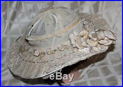 ANTIQUE ORIGINAL 1868 VICTORIAN ERA Ivory Lacey with Flowers Women Hat