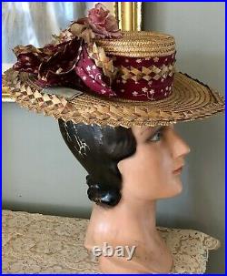ANTIQUE VICTORIAN NEW OLD STOCK STRAW HAT With RIBBON & ROSES