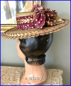 ANTIQUE VICTORIAN NEW OLD STOCK STRAW HAT With RIBBON & ROSES
