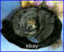ANTIQUE Victorian HAT velvet FEATHERS Plumes LACE original c1895 PARIS Label