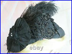 ANTIQUE Victorian era HAT black SILK lace BEADS plume CIVIL WAR Bonnet c1880s
