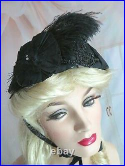 ANTIQUE Victorian era HAT black SILK lace BEADS plume CIVIL WAR Bonnet c1880s