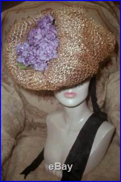 ASTOUNDING 1940s LILLY DACHE Wide Brim HAT w Clouds of Silk Net & Purple Lilacs