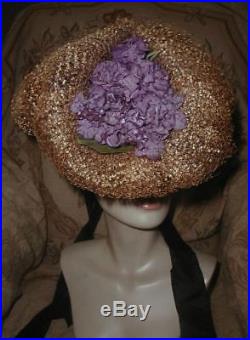 ASTOUNDING 1940s LILLY DACHE Wide Brim HAT w Clouds of Silk Net & Purple Lilacs